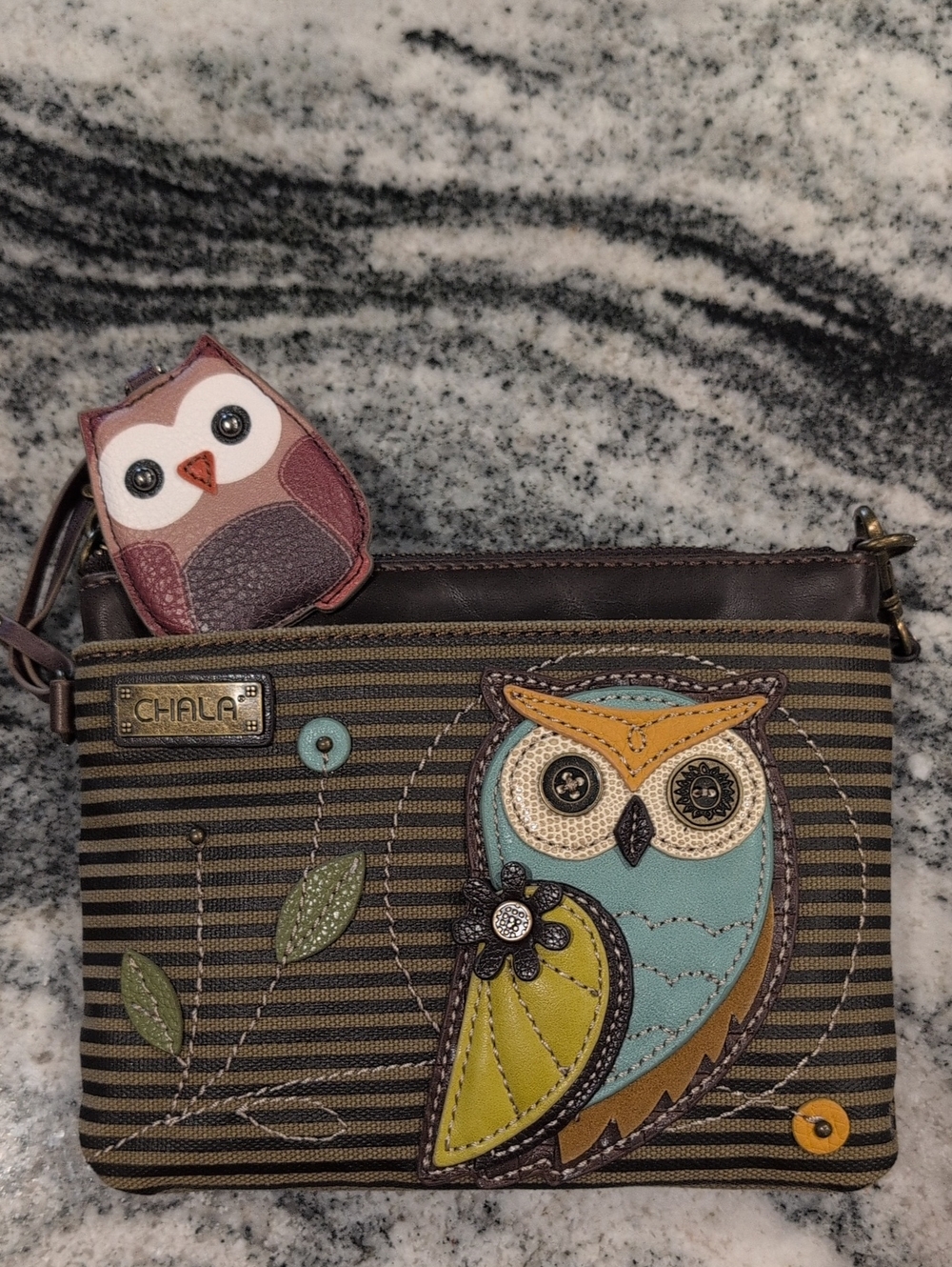 Chala Owl Stripe Crossbody Bag in Brown, Teal, Yellow